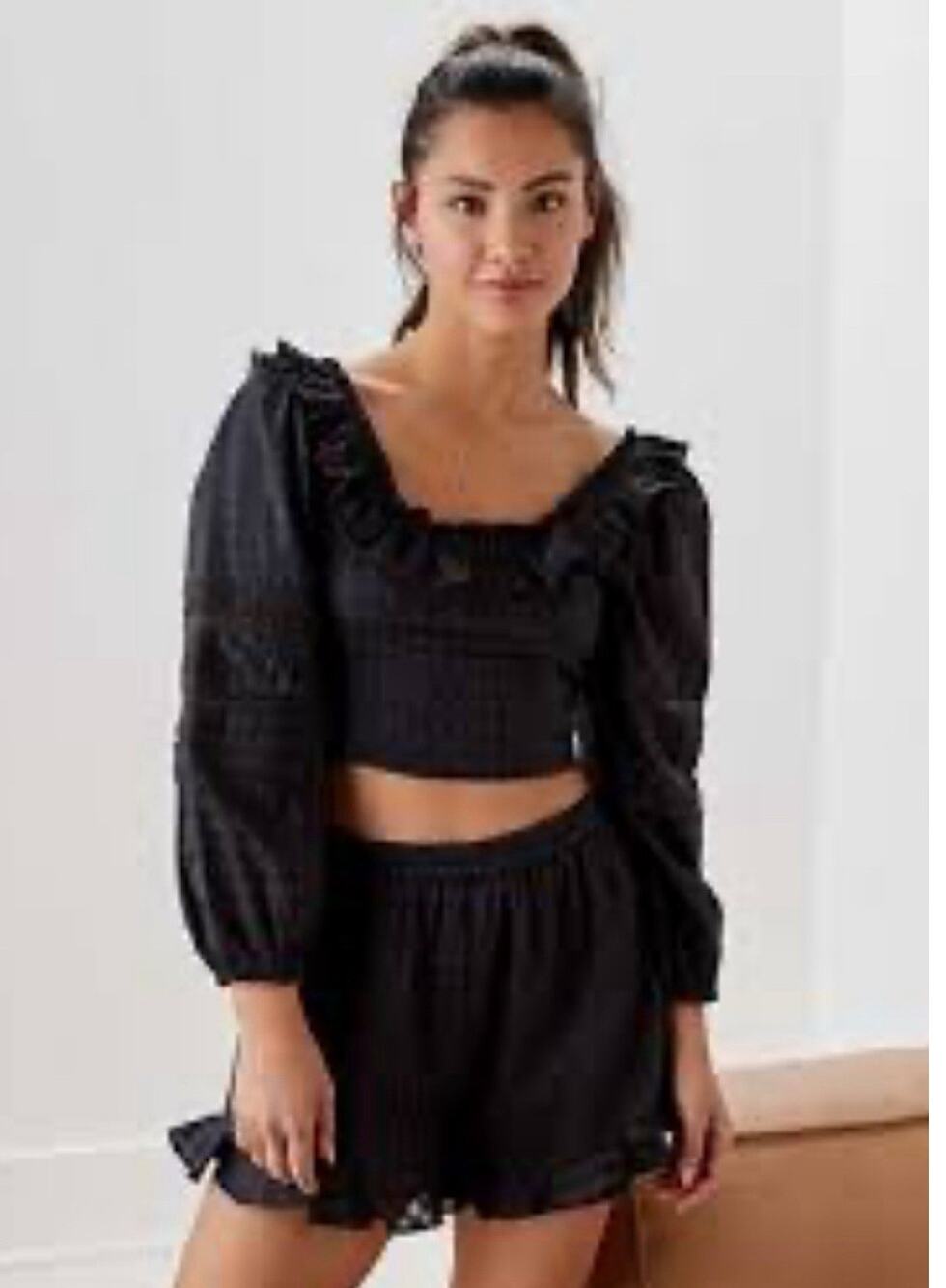 American Eagle Blue Eyelet Crop Top Ruffle Scoop Neck Balloon Sleeve M